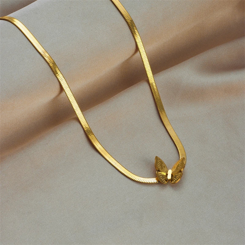 Stainless Steel Gold Color Butterfly Pendant Necklace