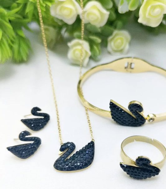 Stainless Golden and Black Swan Pendant Set