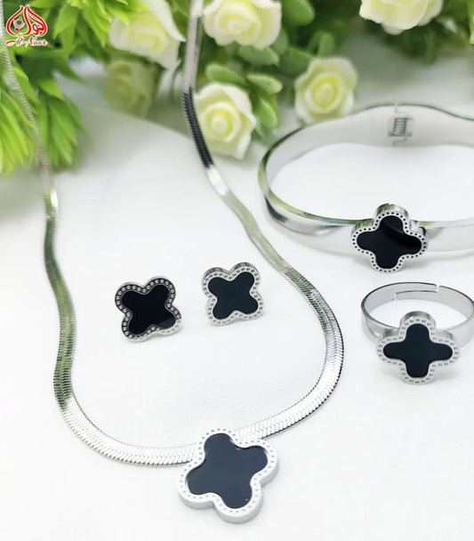 Elegant Silver and Black Clover Jewelry Set