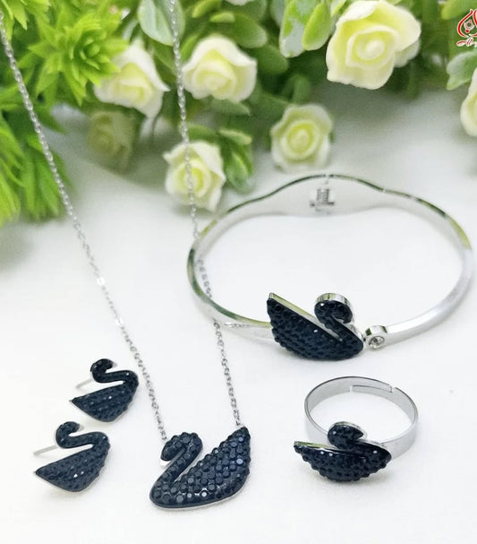 Stainless Silver and Black Swan Pendant Set