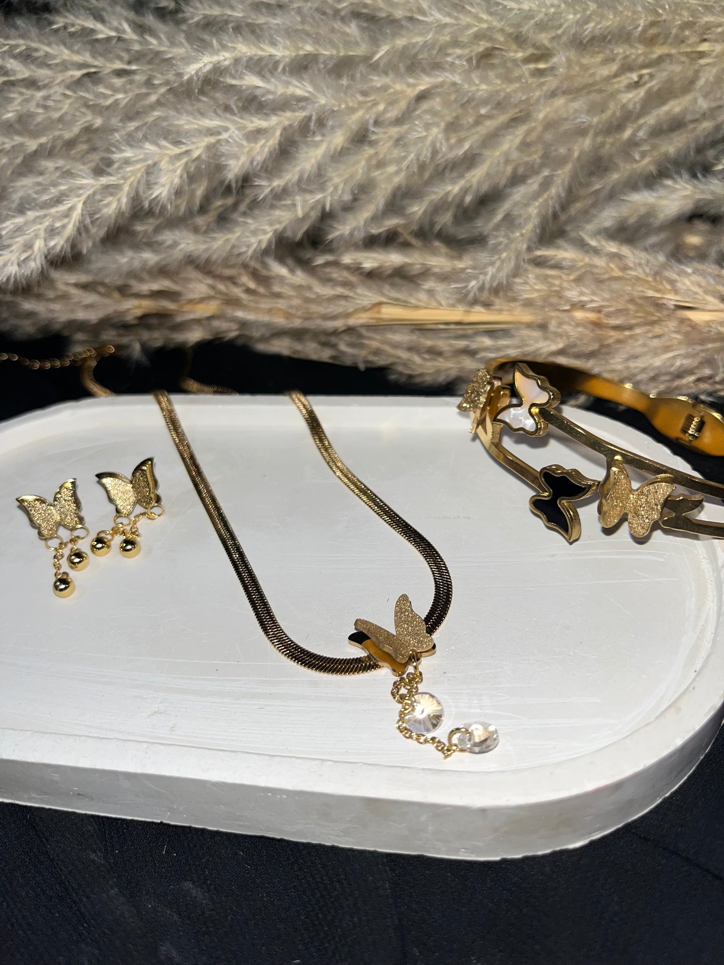 Butterfly Charm Gold Necklace, Earrings & Bracelet Set