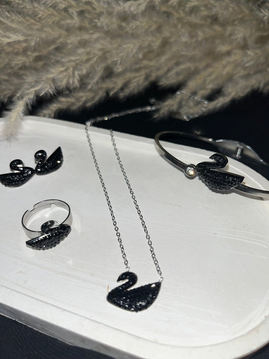 Stainless Silver and Black Swan Pendant Set