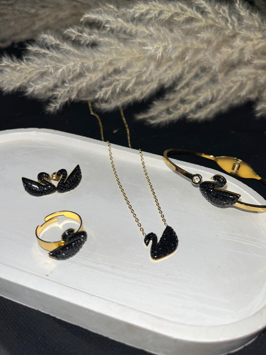 Stainless Golden and Black Swan Pendant Set